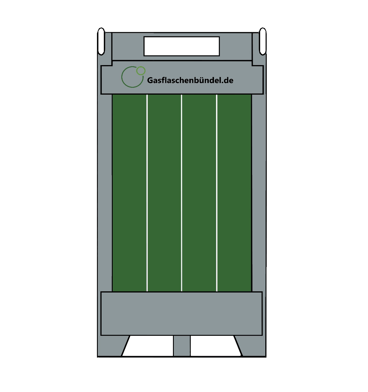 Grafik gruenes Gasflaschenbuendel in Metallrahmen mit Logo